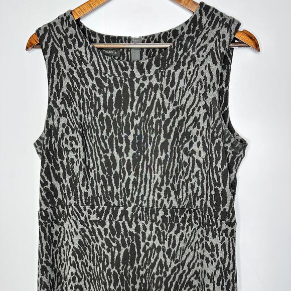 Talbots Sz 10 Black Animal Print Shift Knit Sleeveless Stretch Knee Length Dress - Picture 2 of 7